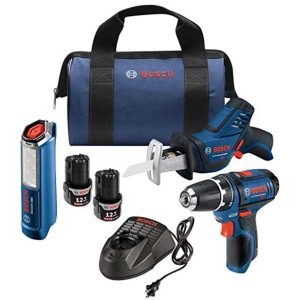 Bosch Power Tools Combo Set - GXL12V-310B22 – 12-Volt 3-Tool Combo Kit – Pocket Reciprocating Saw PS60, Drill PS31, LED Worklight GLI12V-300 For Maintenance Repair, Electrician, Contractor, Home Owner