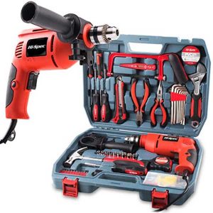 Hi-Spec 300W Hammer Power Drill & 130pc Hand Tool Set Combo Kit with Hacksaw, Pliers, Claw-Hammer, Wrench, Box Cutter, Hex Keys, Screwdrivers, Socket & Driver Bits, Voltage Tester in Storage Case