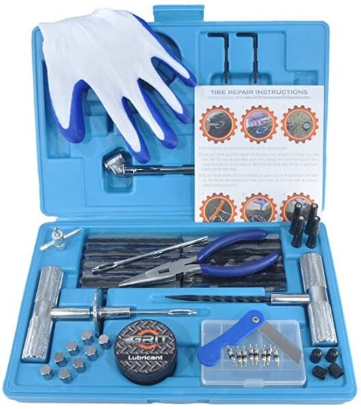 71 Piece Heavy Duty Tire Repair Kit with Gloves. Universal Tubeless Flat Tire Plug Kit for Puncture Repair. Ideal for Cars, Trucks, SUVs, ATVs, Motorcycles, Lawn Mowers, Tractors, Motorhomes