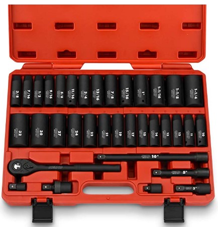 Neiko 02446A 1/2" Drive Master Impact Socket Set, 35 Piece Deep Socket Assortment | Standard SAE (Inch) and Metric Sizes | Includes Ratchet Handle and Extension Bars | Cr-V Steel
